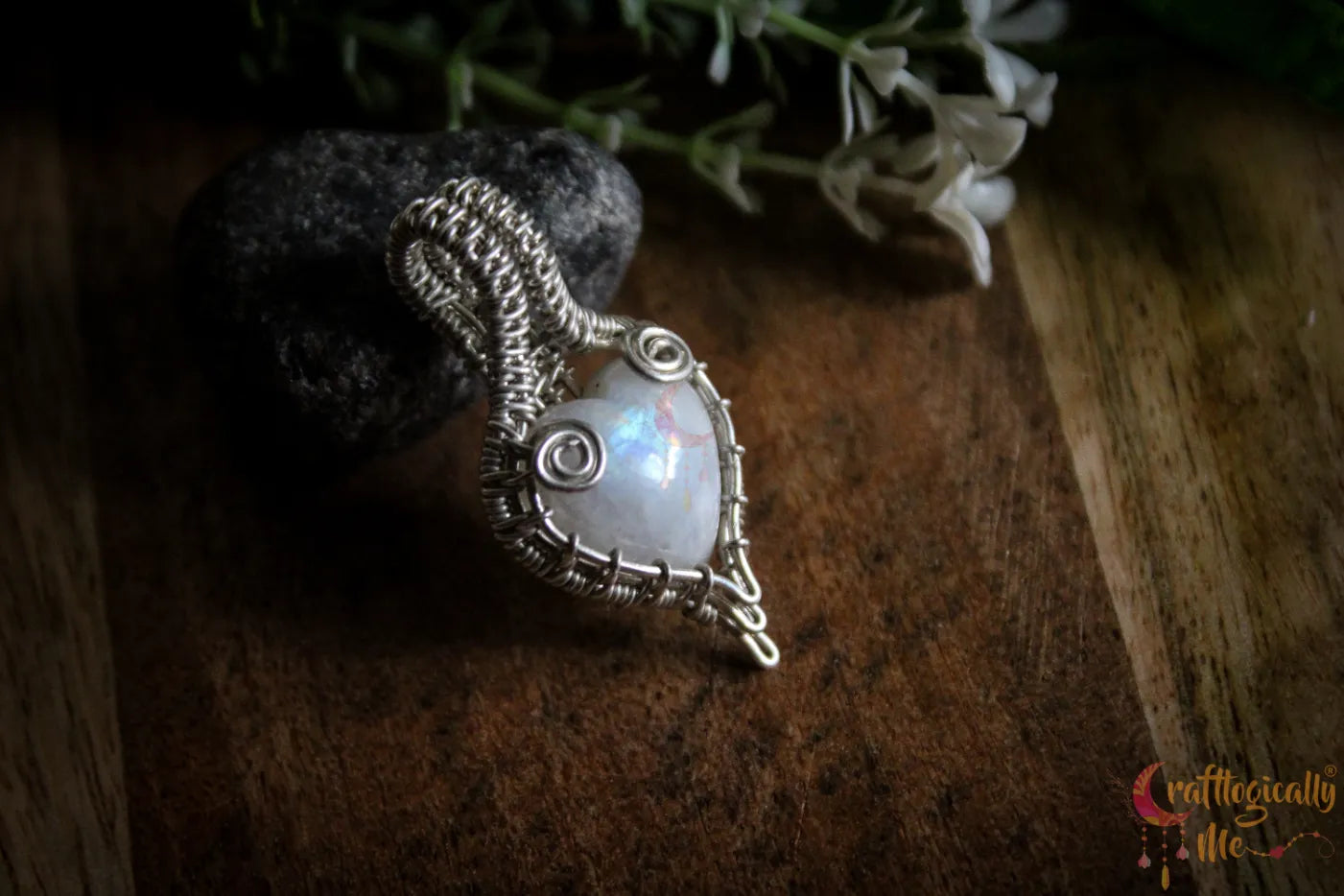 Silver Rainbow Moonstone Heart Gemstone Drop Wrap Pendant – Fine Silver Handmade Jewelry