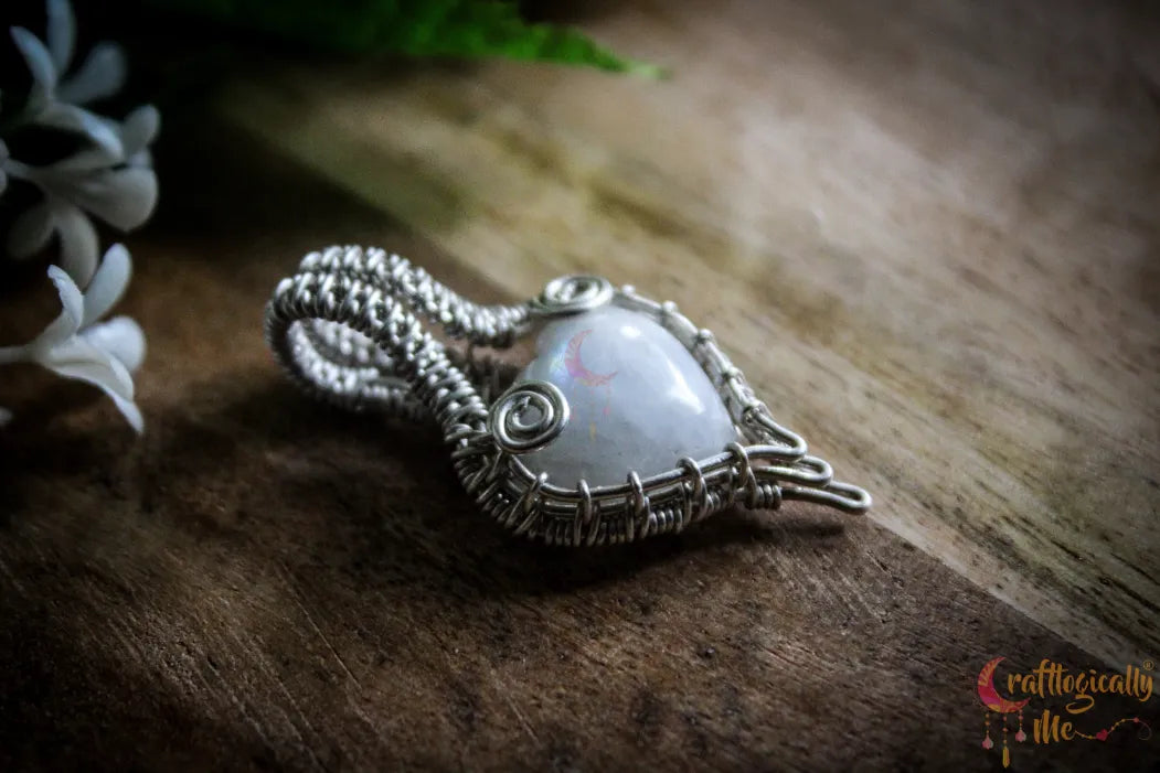 Silver Rainbow Moonstone Heart Gemstone Drop Wrap Pendant – Fine Silver Handmade Jewelry