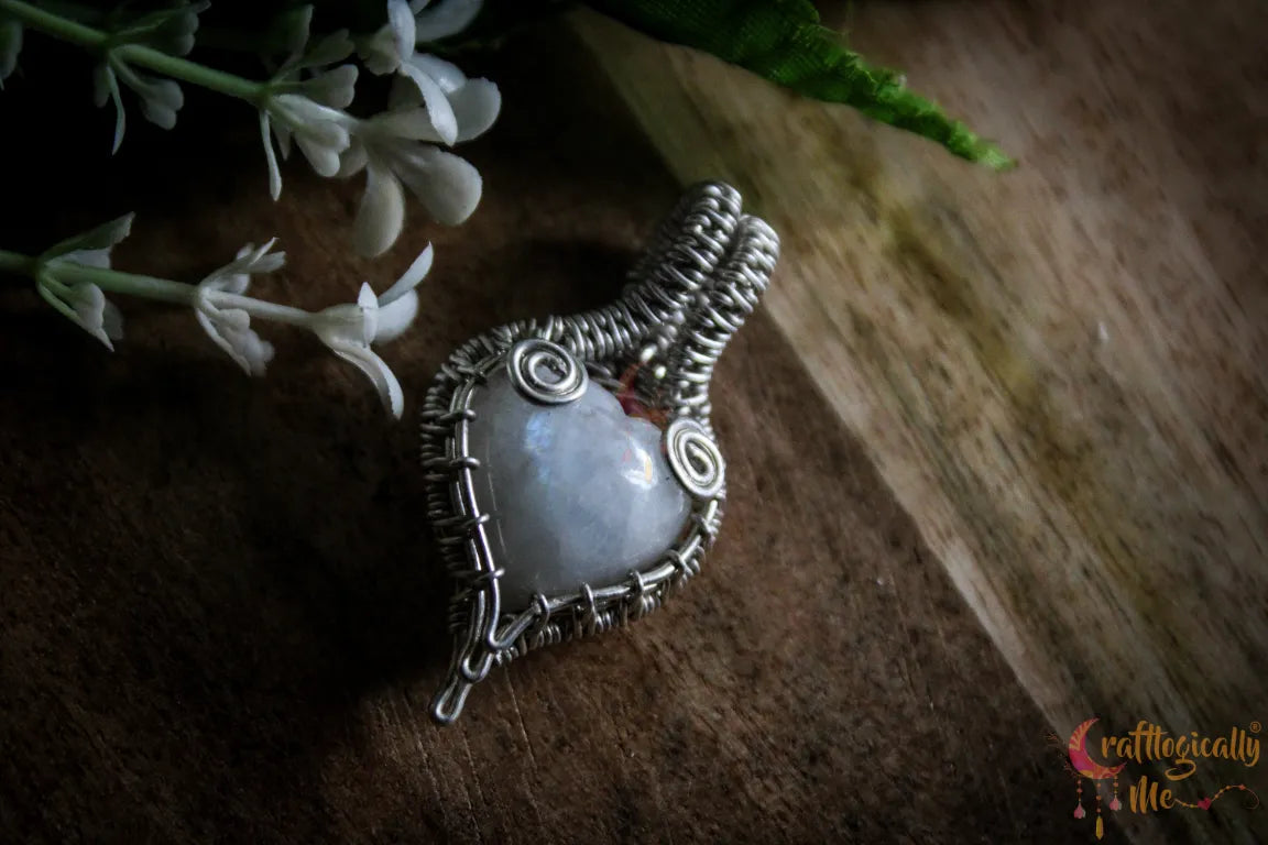 Silver Rainbow Moonstone Heart Gemstone Drop Wrap Pendant – Fine Silver Handmade Jewelry