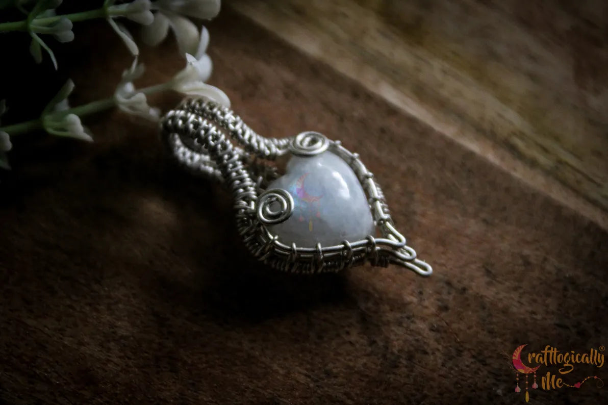 Silver Rainbow Moonstone Heart Gemstone Drop Wrap Pendant – Fine Silver Handmade Jewelry