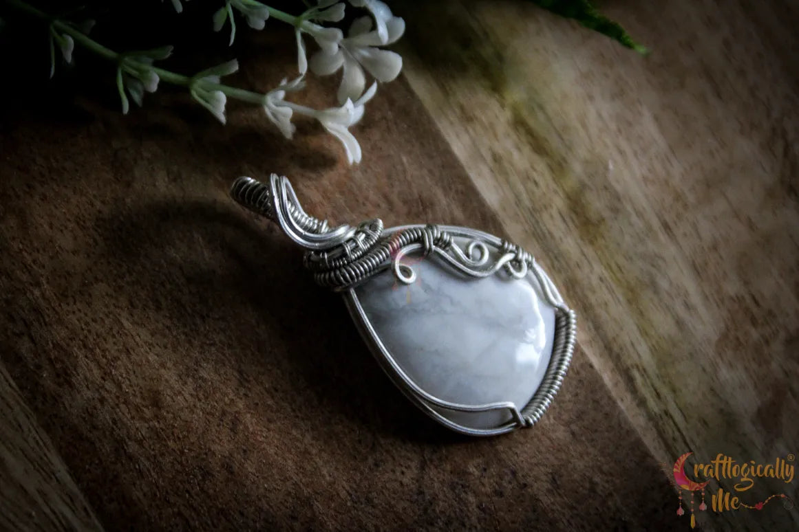 Silver White Agate Gemstone Drop Wrap Pendant – Fine Silver Handmade Jewelry