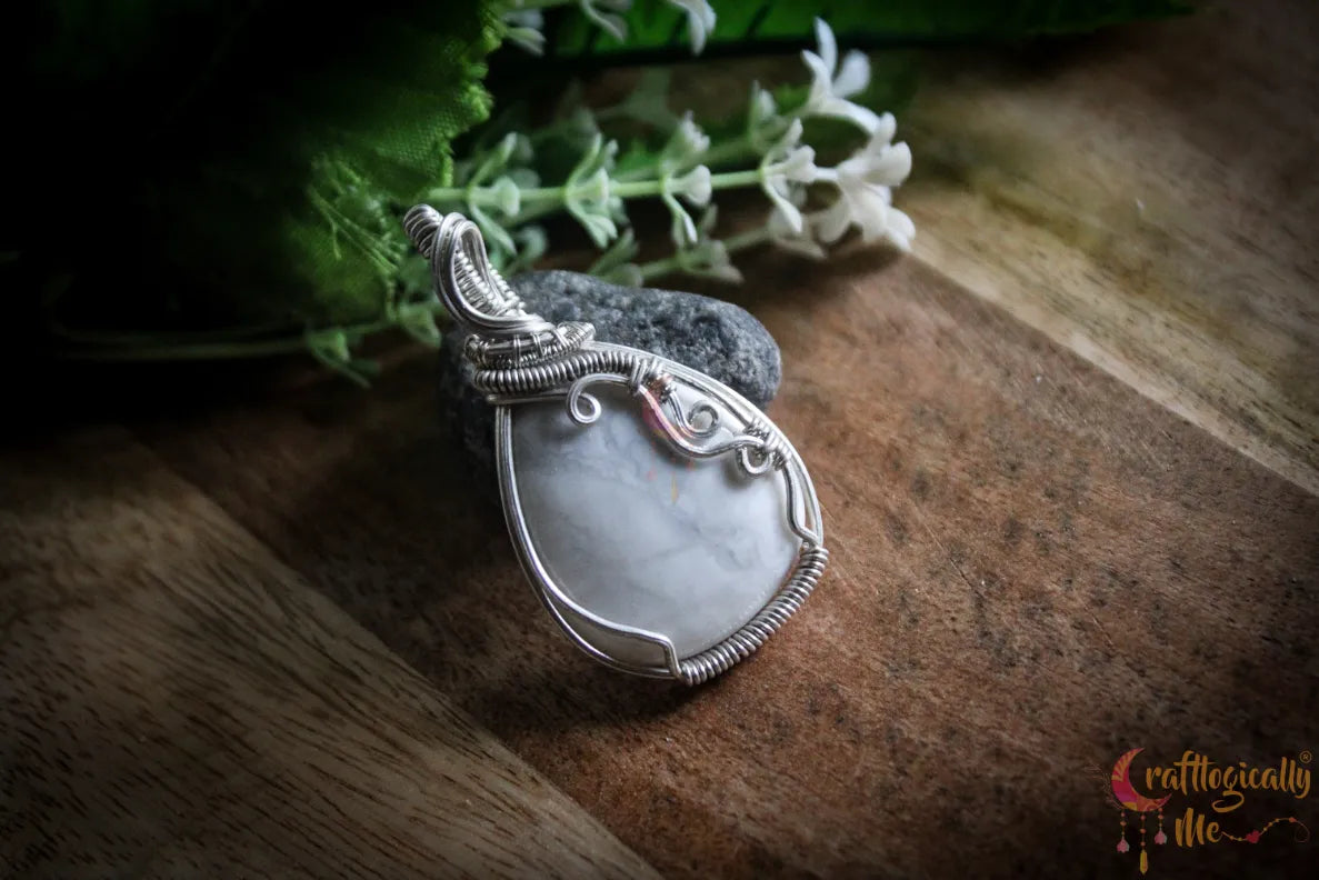 Silver White Agate Gemstone Drop Wrap Pendant – Fine Silver Handmade Jewelry