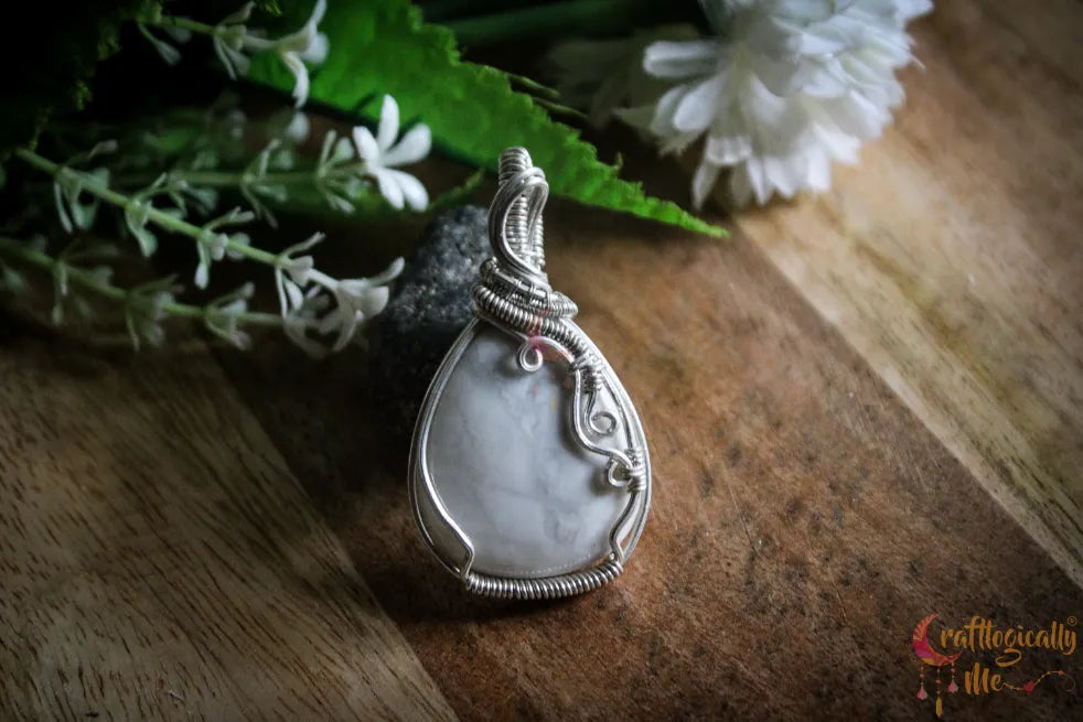 Silver White Agate Gemstone Drop Wrap Pendant – Fine Silver Handmade Jewelry