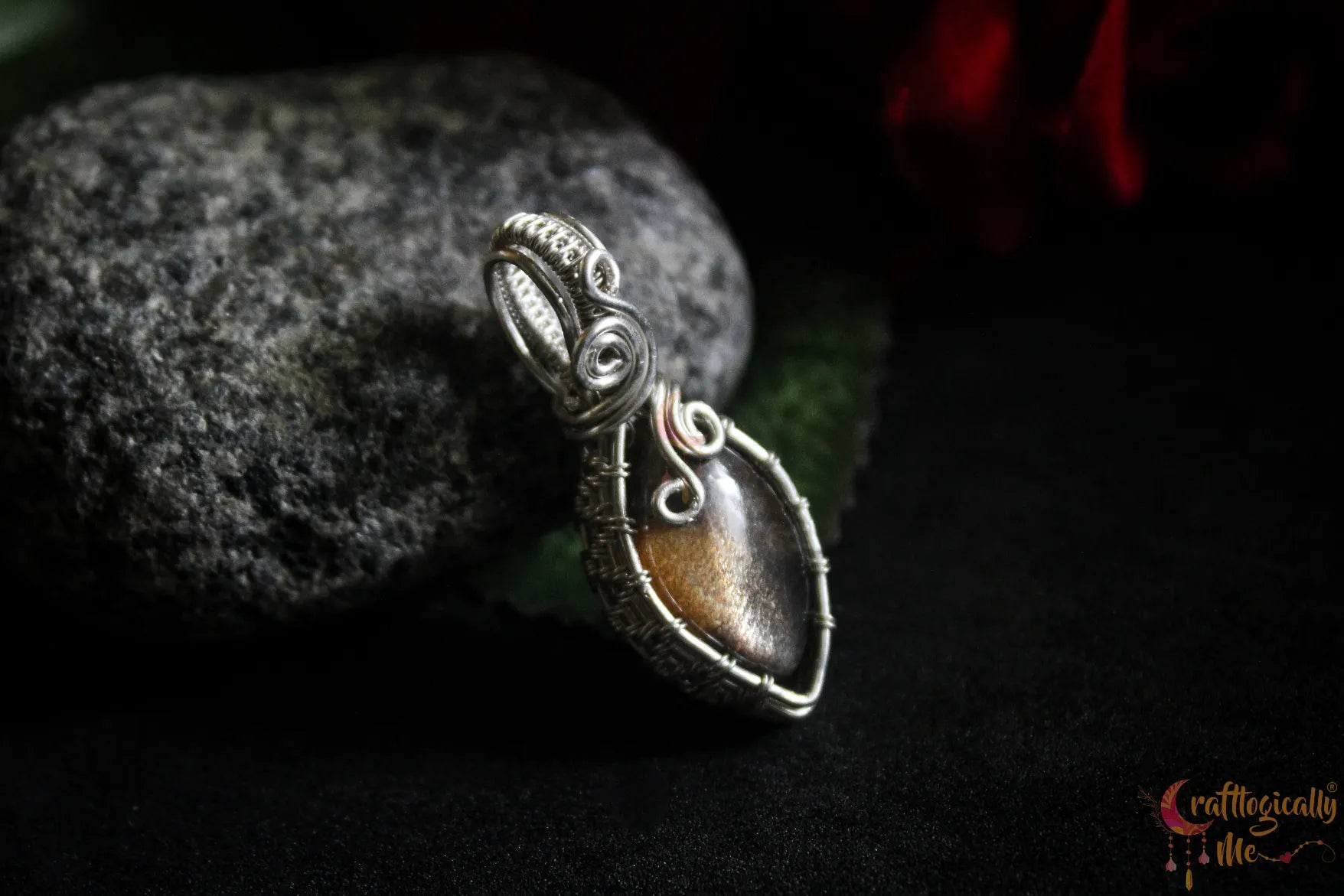 Silver Black Sunstone Wire Wrapped Pendant – Handmade Gemstone Jewelry