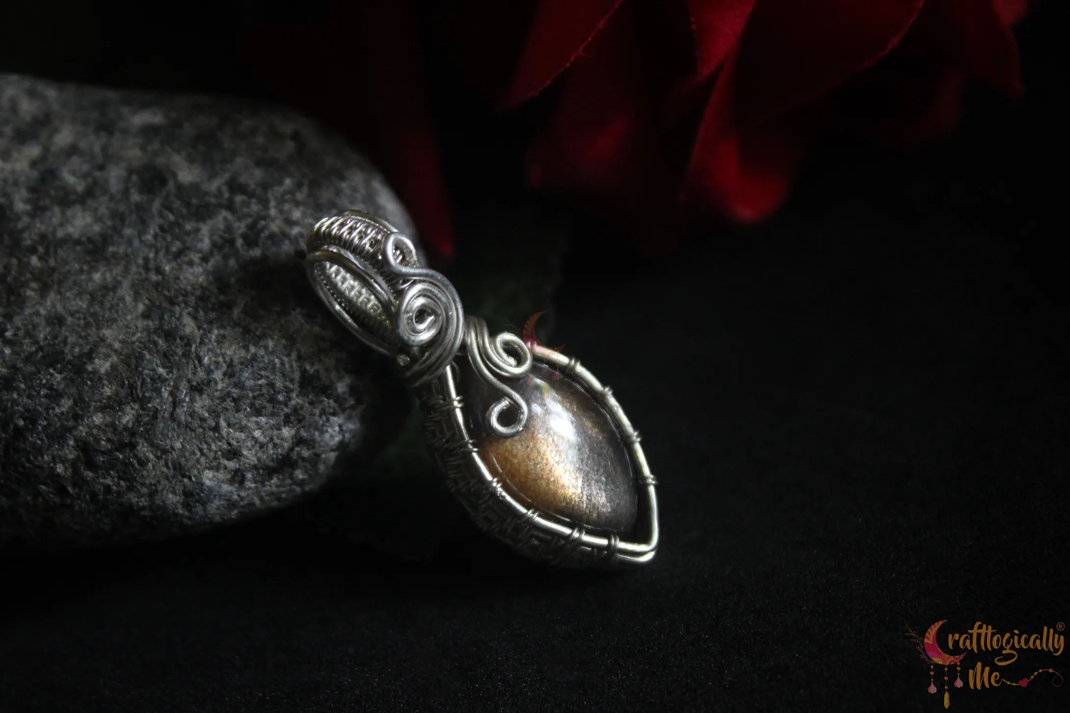 Silver Black Sunstone Wire Wrapped Pendant – Handmade Gemstone Jewelry