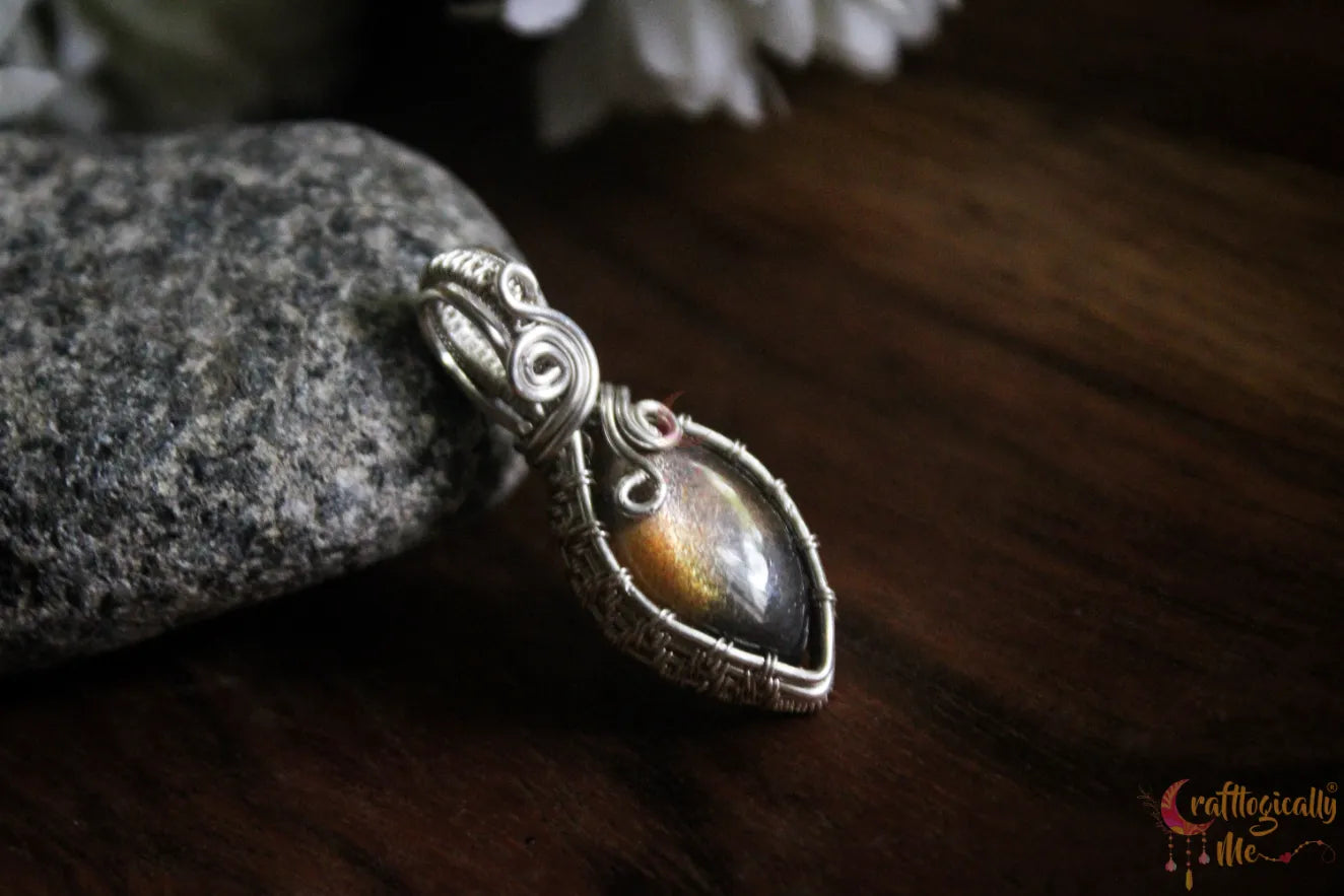 Silver Black Sunstone Wire Wrapped Pendant – Handmade Gemstone Jewelry