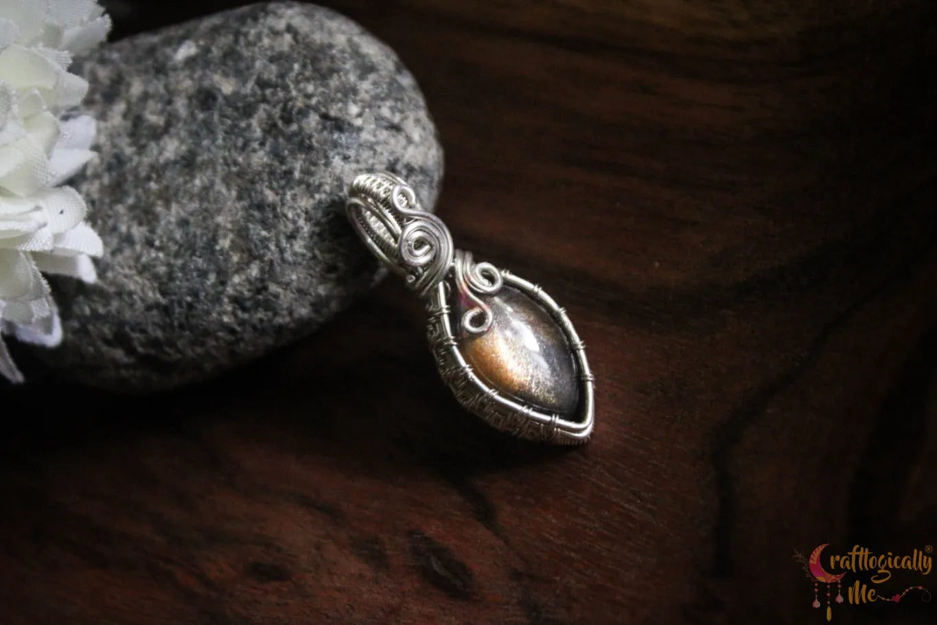 Silver Black Sunstone Wire Wrapped Pendant – Handmade Gemstone Jewelry