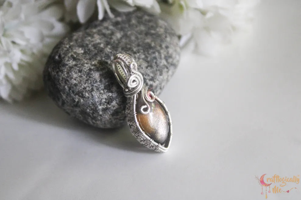 Silver Black Sunstone Wire Wrapped Pendant – Handmade Gemstone Jewelry