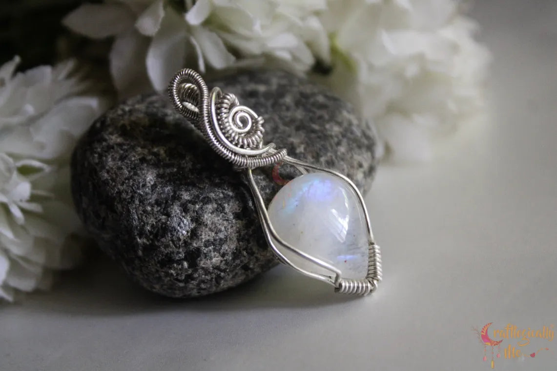Silver Moonstone Swirl Wire Wrapped Pendant – Handmade Gemstone Jewelry