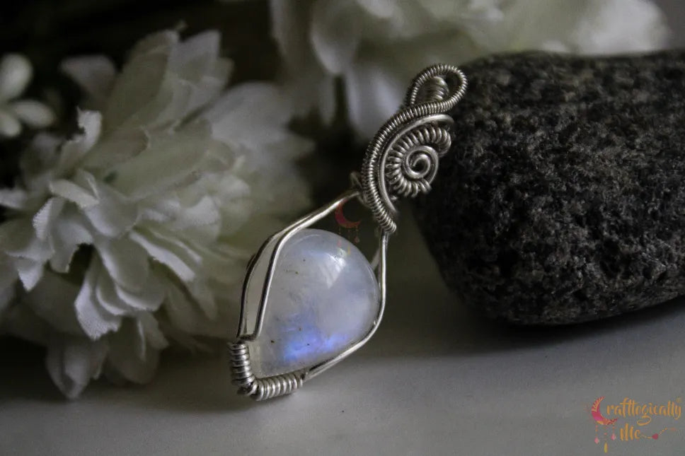 Silver Moonstone Swirl Wire Wrapped Pendant – Handmade Gemstone Jewelry