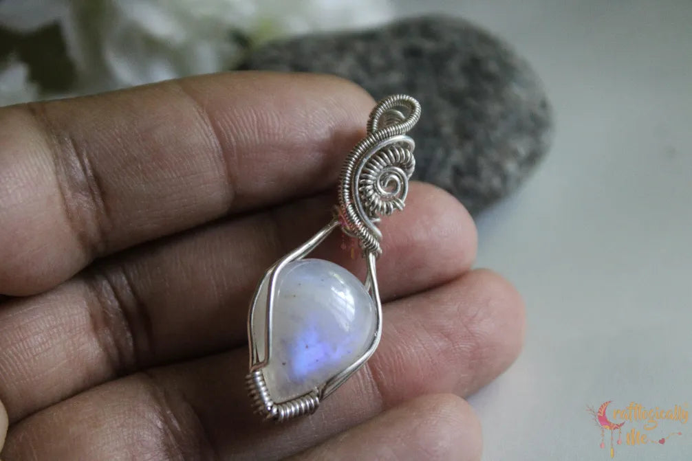 Silver Moonstone Swirl Wire Wrapped Pendant – Handmade Gemstone Jewelry