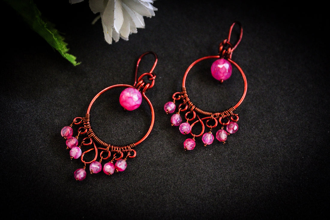 Agate Loop and Bead Drop Earrings - Handmade Wire & Gemstone Jewelry