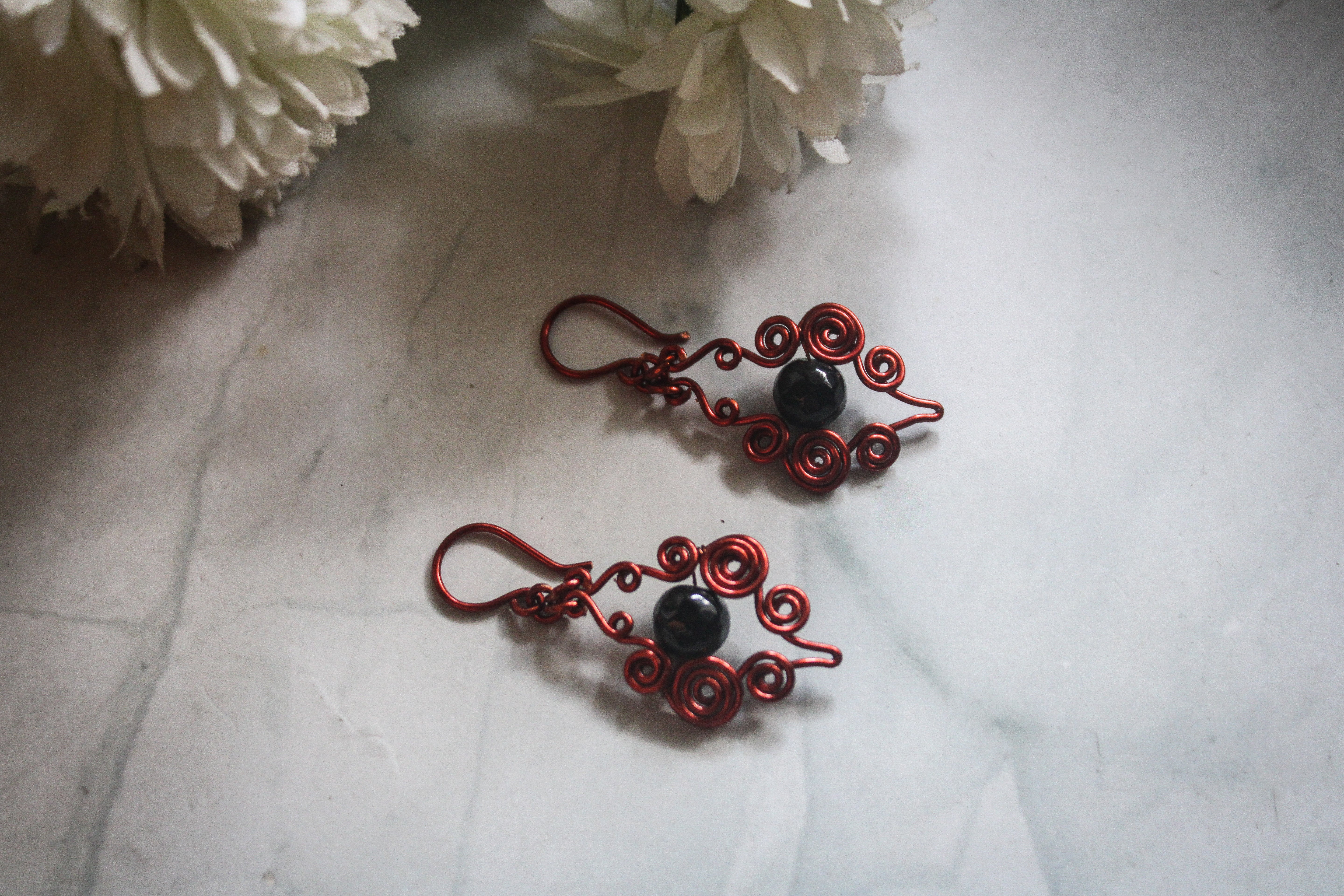 Swirls and Bead Drops Earrings - Handmade Wire & Bead Jewelry
